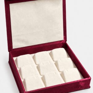 maroon earring box open with 9 compartments