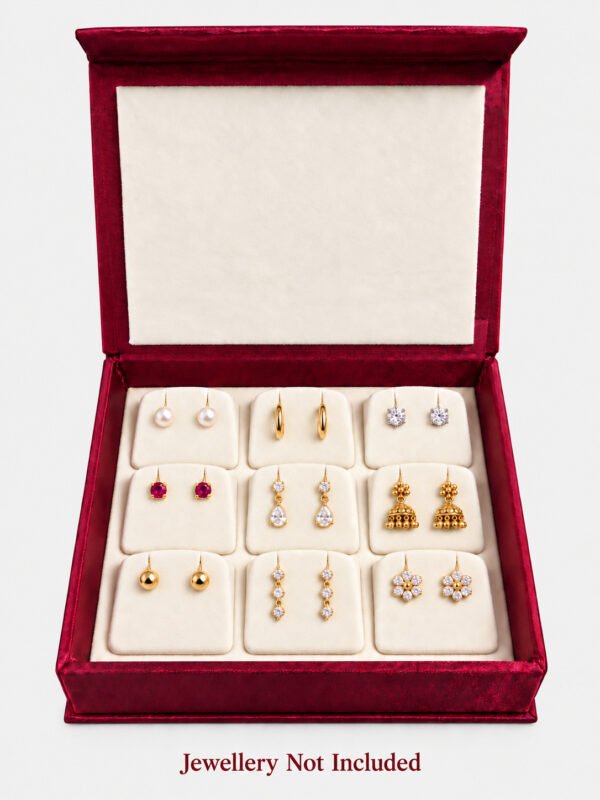 maroon earring box with earrings displayed